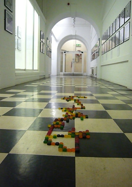 The completed Wine Games in the corridor of the Ben Pimlott building at Goldsmiths